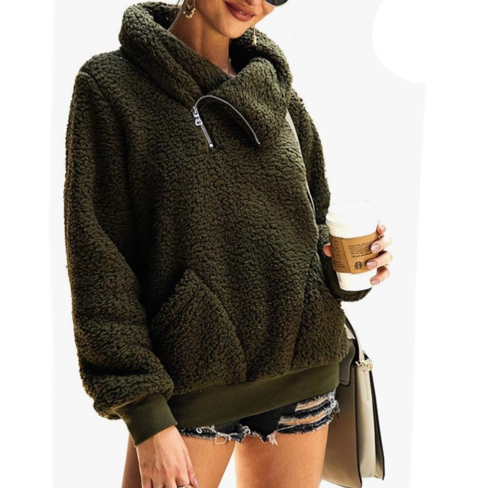 ZESICA Cozy Olive Green Sherpa Hoodie